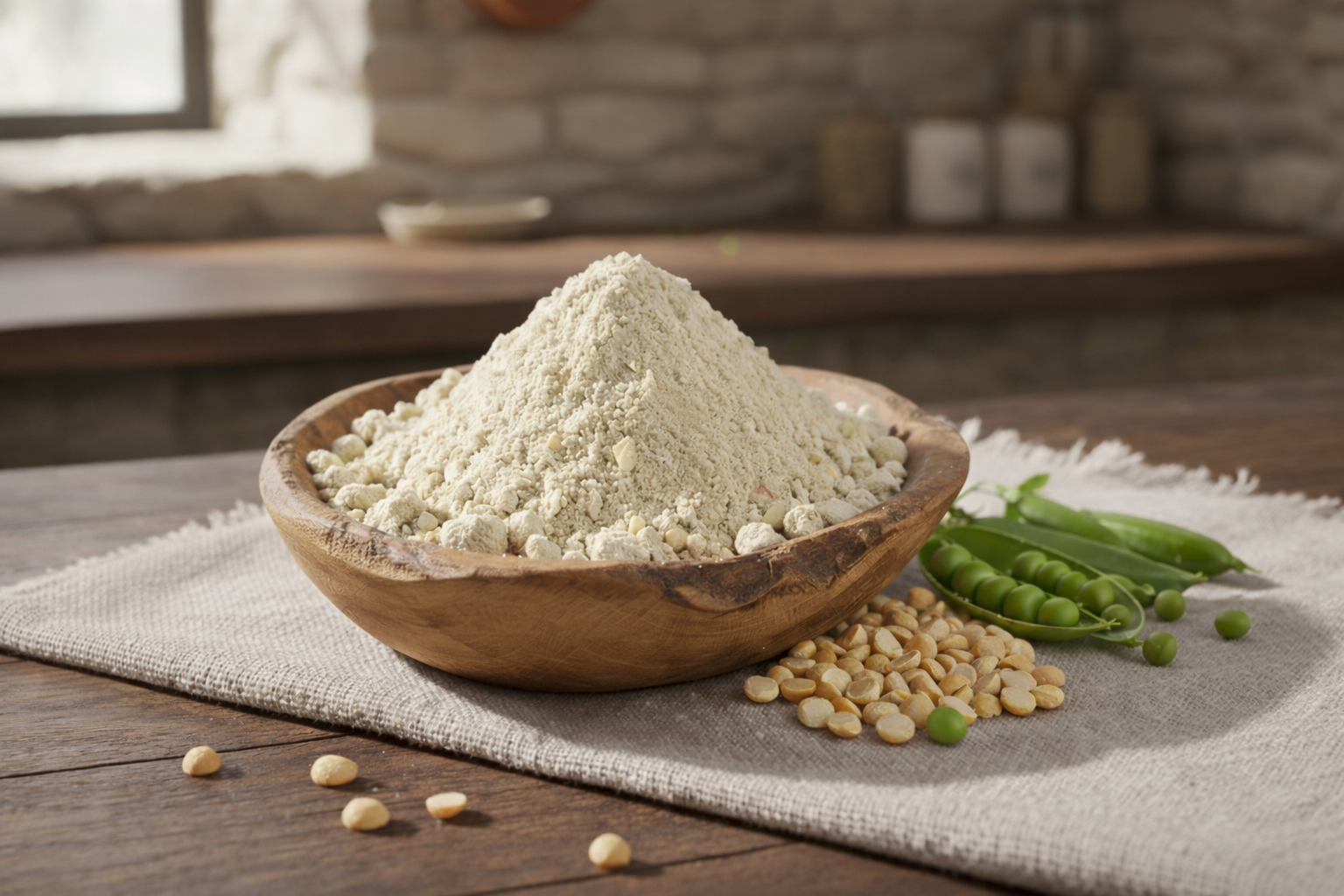 Wooden bowl filled with pea protein powder on a rustic table, surrounded by yellow split peas and fresh green pea pods in a softly lit kitchen setting.